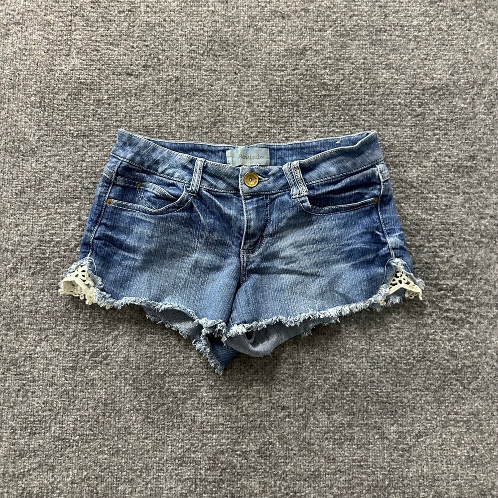 Rewind Shorts Womens Size 9 Blue Denim Crochet Lace Trim Raw Hem Cutoff Casual
